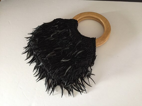 Black Beaded Evening Bag, Evening Bag with Wood Ha