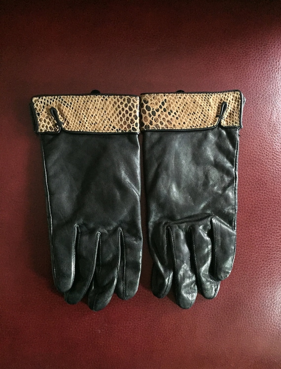 Black Gloves, Leopard Gloves, Faux Leather Gloves - image 1