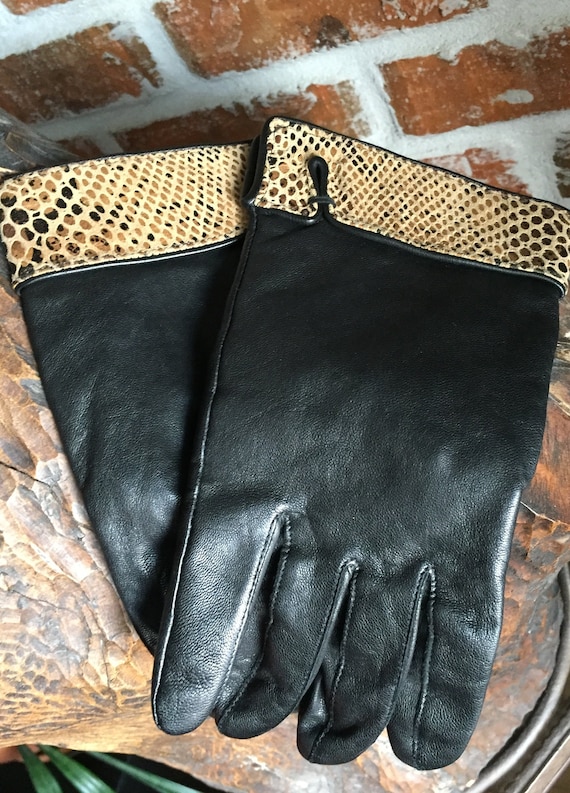 Black Gloves, Leopard Gloves, Faux Leather Gloves - image 2