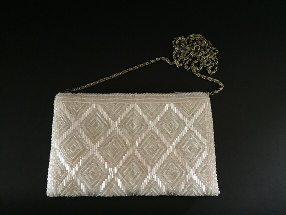 Evening Bag, Cross Body Evening Bag, White Beaded