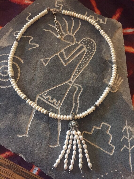 Pearl Necklace, Seed Pearl, Marcasite, 18" Long