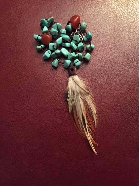 Turquoise Choker, Native American Necklace, Feath… - image 1
