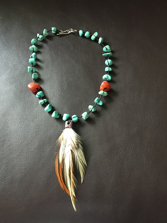 Turquoise Choker, Native American Necklace, Feath… - image 2