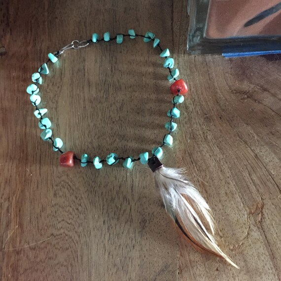 Turquoise Choker, Native American Necklace, Feath… - image 6