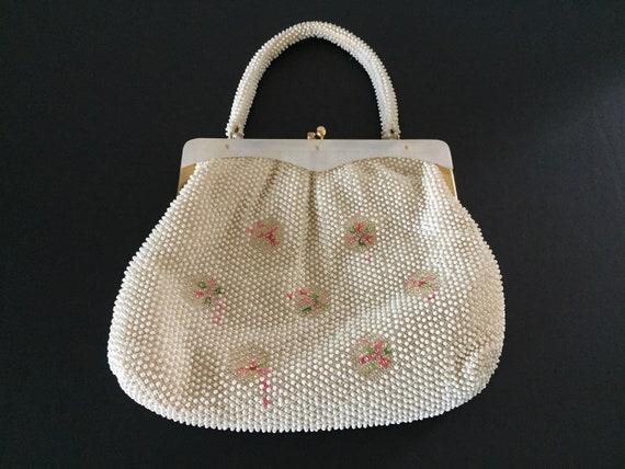 White Beaded Evening Bag, Top Handle Evening Bag,