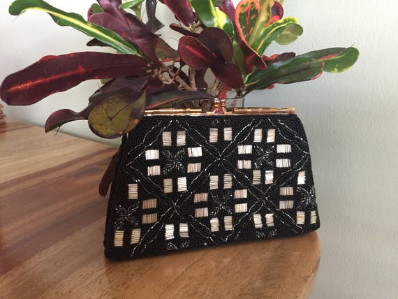 Beaded Evening Bag, Clutch Bag, Black Beaded Eveni