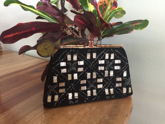 Beaded black evening bag 1960s purse floral design chain strap