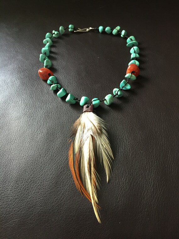 Turquoise Choker, Native American Necklace, Feath… - image 5