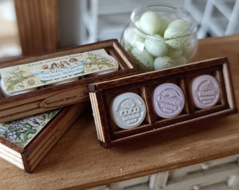 Wooden box with 3 dollhouse miniature soaps