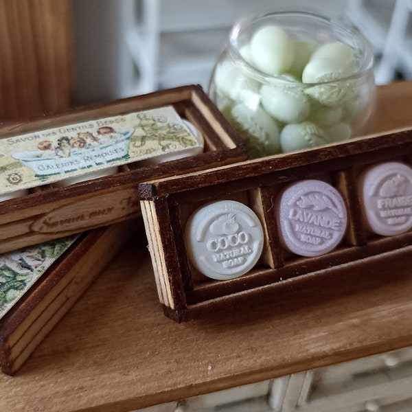 Wooden box with 3 dollhouse miniature soaps