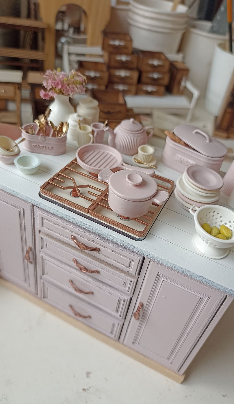 Miniature island kitchen cabinet assembled and accessories