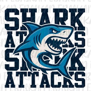 May include: A digital download graphic featuring a blue shark illustration with the words "SHARK ATTACKS" in a bold, blocky font. The shark is detailed with white accents and a menacing expression. A digital download icon is in the upper left corner.