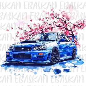 Op de afbeelding: Een blauwe Subaru Impreza WRX STI met een witte en roze kersenbloesemboom erachter. De auto is geschilderd in aquarelstijl.