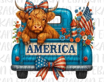 Highland Cow 4th of July Truck PNG, Patriotic Sublimation Design (Digital Download)