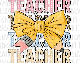 Coquette Teacher Pencil Bow PNG, Back To School Sublimation Design (Digital Download)