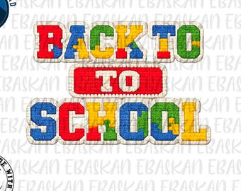 May include: A digital graphic design featuring the text BACK TO SCHOOL in a blocky, multi-colored style resembling building blocks. The letters are rendered in primary colors including red, blue, yellow, and green with a textured appearance.