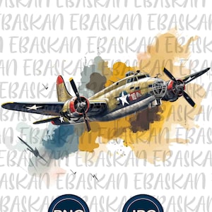 Puede incluir: Una ilustración de acuarela de un avión militar vintage, un bombardero B-17, volando a través de un cielo amarillo y azul. El avión está pintado en verde oliva con una estrella blanca en el fuselaje. La ilustración está sobre un fondo blanco.