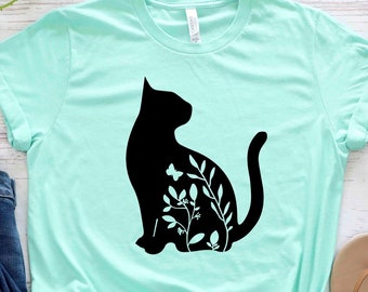 Floral Cat Shirt: Vinyl Graphic Tee, Cat Lover Gift