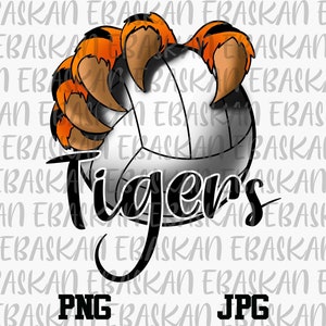 May include: A white volleyball with orange and black tiger claws holding it. The words "Tiger's" are written in black below the volleyball.