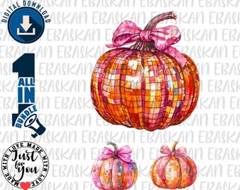 Disco Ball Pumpkin PNG, Pink Bow Fall Design (Digital Download)