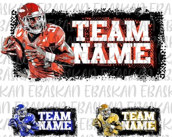 Pode incluir: Download digital com um jogador de futebol americano em uniforme vermelho, segurando uma bola, com as palavras "TEAM NAME" em letras brancas em um fundo preto e vermelho. Designs adicionais incluem um jogador de futebol americano azul e dourado com "TEAM NAME".