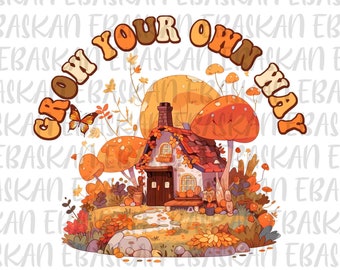 Groovy Mushroom House PNG, Boho Floral Design (Digital Download)