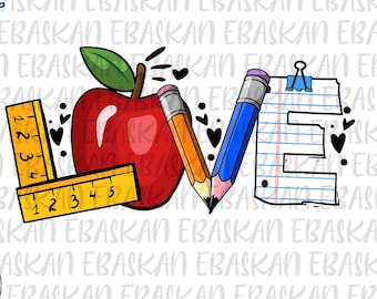 May include: A red apple, a blue pencil, an orange pencil, a yellow ruler, and a sheet of notebook paper with a paperclip form the letters "LOVE".