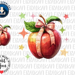 May include: A red apple with a pink and white ribbon tied around it. The apple has a green leaf and is surrounded by small stars.