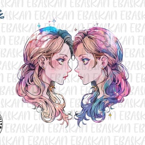 Gemini Anime Drawing Png Zodiac png Horoscope png Digital Download Gemini Design Gemini Zodiac Birthday or Everyday, Gemini Drawing Line Art