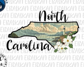 May include: A black and white outline of the state of North Carolina with a scenic landscape image inside. The state name is written in black cursive lettering below the outline. The landscape image features a lighthouse on a rocky coast with white dogwood blossoms.