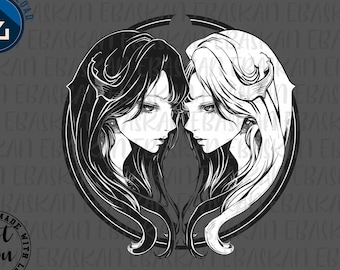 Gemini Anime Line Art, Zodiac PNG (Digital Download)