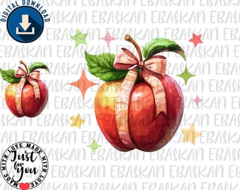 May include: A red apple with a pink and white ribbon tied around it. The apple has a green leaf and is surrounded by small stars.