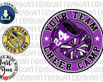 May include: Purple and white cheerleading design with a megaphone and pom poms. The design says "Your Team Cheer Camp".