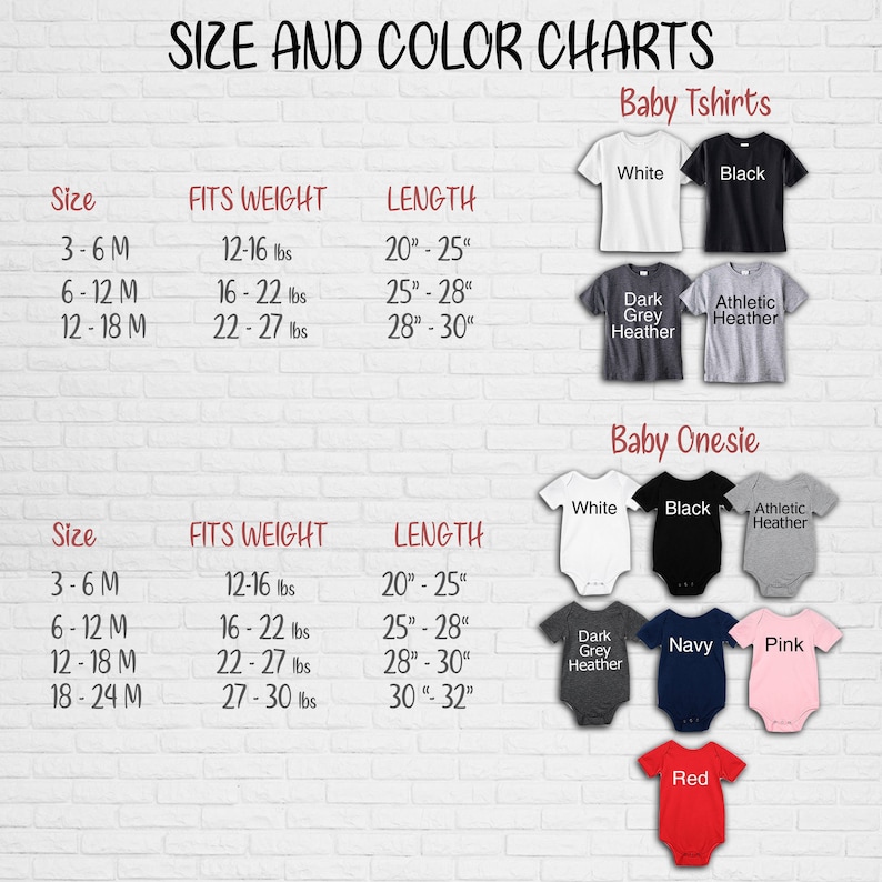 Puede incluir: Tabla de tallas y colores para camisetas y bodies de beb&eacute;. La tabla muestra la talla, el peso y la longitud de cada prenda. La tabla tambi&eacute;n muestra los diferentes colores disponibles para cada prenda. Los colores incluyen blanco, negro, gris oscuro jaspeado, jaspeado deportivo, azul marino, rosa y rojo.