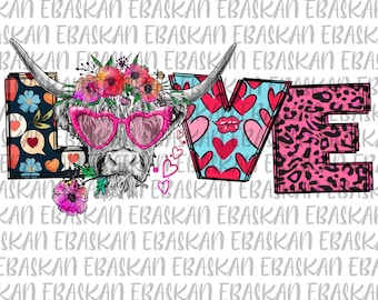 Love Highland Cow, png, valentijnsdagsublimatieontwerp (digitale download)