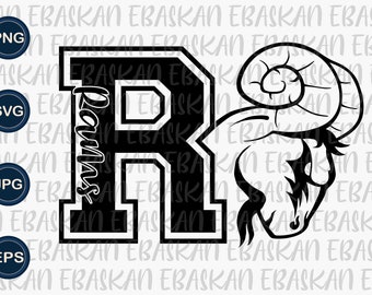 May include: Black and white graphic featuring a stylized ram head and the letter "R" in a varsity style. The word "Rams" is written in script within the letter. Includes PNG, SVG, JPG, and EPS file type icons.