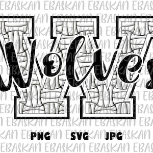 May include: Black and white graphic design featuring the word "Wolves" in a stylized font, set within a large letter "W". The design includes the file formats PNG, SVG, and JPG.