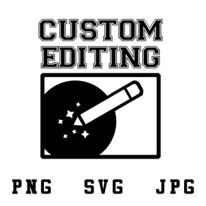May include: Black and white graphic design with the text "CUSTOM EDITING" in a bold font. The graphic features a pencil with a starburst effect inside a square.