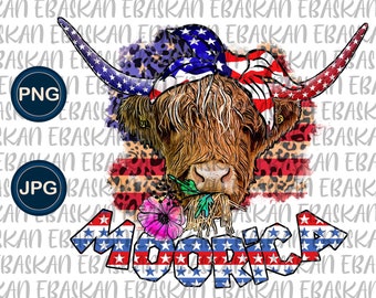 Vaca de las Tierras Altas de Moorica, 4 de julio, PNG, 4 de julio, vaca patriota, diseño patriótico estadounidense, rojo, azul y blanco, impresión de camiseta con diseño imprimible por sublimación
