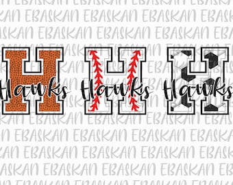 May include: Three different designs of the letter H with the word "Hawks" underneath. The letter H is made to look like a football, baseball, and soccer ball.