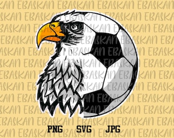 May include: A black and white illustration of a bald eagle with a soccer ball. The eagle's head is turned to the side and its beak is open. The soccer ball is behind the eagle's head and is partially obscured by the eagle's feathers.