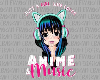 Anime Musik Mädchen PNG Design, Kawaii Sublimation Printable (Digitaler Download)