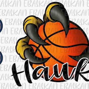 May include: A black and yellow hawk claw holding an orange basketball with black lines. The word "Hawks" is written in black below the basketball.