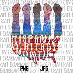 Pode incluir: Uma ilustração de três punhos levantados com braços coloridos e padrões, formando a forma dos Estados Unidos. O texto "Hispanic Heritage Month" está escrito em letras brancas sobre um fundo com padrões vermelhos, laranja, amarelos e azuis.