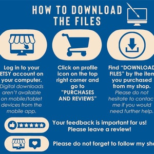 K&ouml;nnte beinhalten: Eine blaue und wei&szlig;e Grafik mit Anweisungen zum Herunterladen digitaler Dateien von Etsy. Die Grafik enth&auml;lt Symbole f&uuml;r einen Computer, einen Einkaufswagen und einen Download-Pfeil. Der Text enth&auml;lt die W&ouml;rter "Etsy", "K&auml;ufe und Bewertungen" und "Dateien herunterladen".