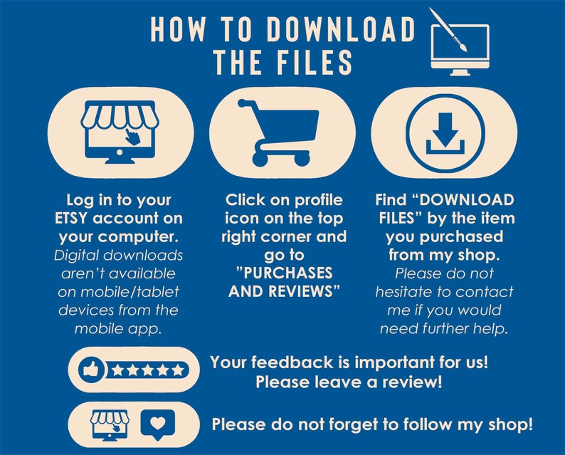 K&ouml;nnte beinhalten: Eine blaue und wei&szlig;e Grafik mit Anweisungen zum Herunterladen digitaler Dateien von Etsy. Die Grafik enth&auml;lt Symbole f&uuml;r einen Computer, einen Einkaufswagen und einen Download-Pfeil. Der Text enth&auml;lt die W&ouml;rter "Etsy", "K&auml;ufe und Bewertungen" und "Dateien herunterladen".
