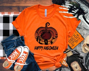 Happy Halloween Shirt, Carved Pumpkin Shirt, Spooky Vibes Shirt, Halloween Gift, Cute Spooky Ghost Halloween Graveyard Tee Women Halloween