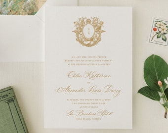 Elegant Wedding Invitations Printed with Monogram, Envelope Liners, Custom