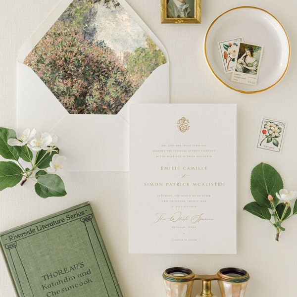 Elegant Wedding Invitations with RSVP Card, Envelope Liner, Custom Wedding Monogram, Printed