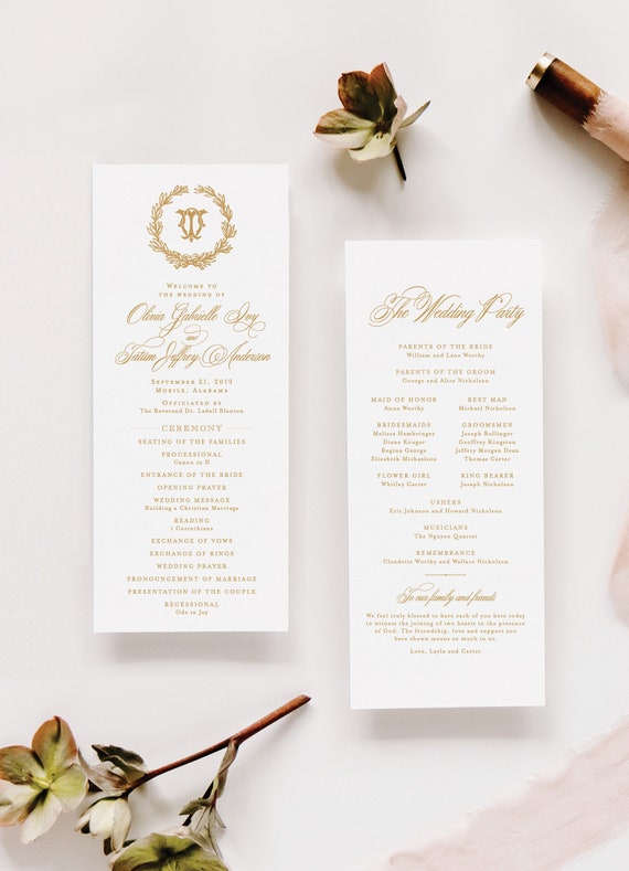 Simple Wedding Programs Printed Ceremony Program In Gold Ol19 Etsy